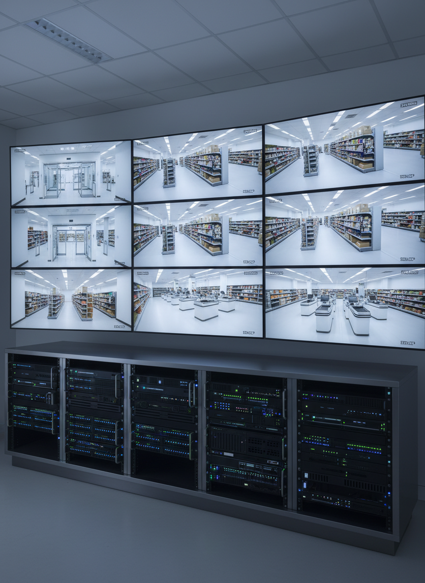 A wall of ultra-thin bezel monitors in a dedicated security room, each screen showing different live feeds from a retail store: entrances, aisles, checkout counters, and stockrooms, all empty and perfectly orderly. A dark, brushed-metal equipment rack sits beneath, filled with neatly arranged network switches and recording units, glowing with tiny status LEDs. Cool, even overhead lighting creates minimal reflections on the screens, emphasizing clarity and detail. Photographic realism from a slightly elevated angle, capturing the entire monitoring wall with sharp focus. The atmosphere is focused and high-tech, projecting constant vigilance and real-time oversight for retail security.