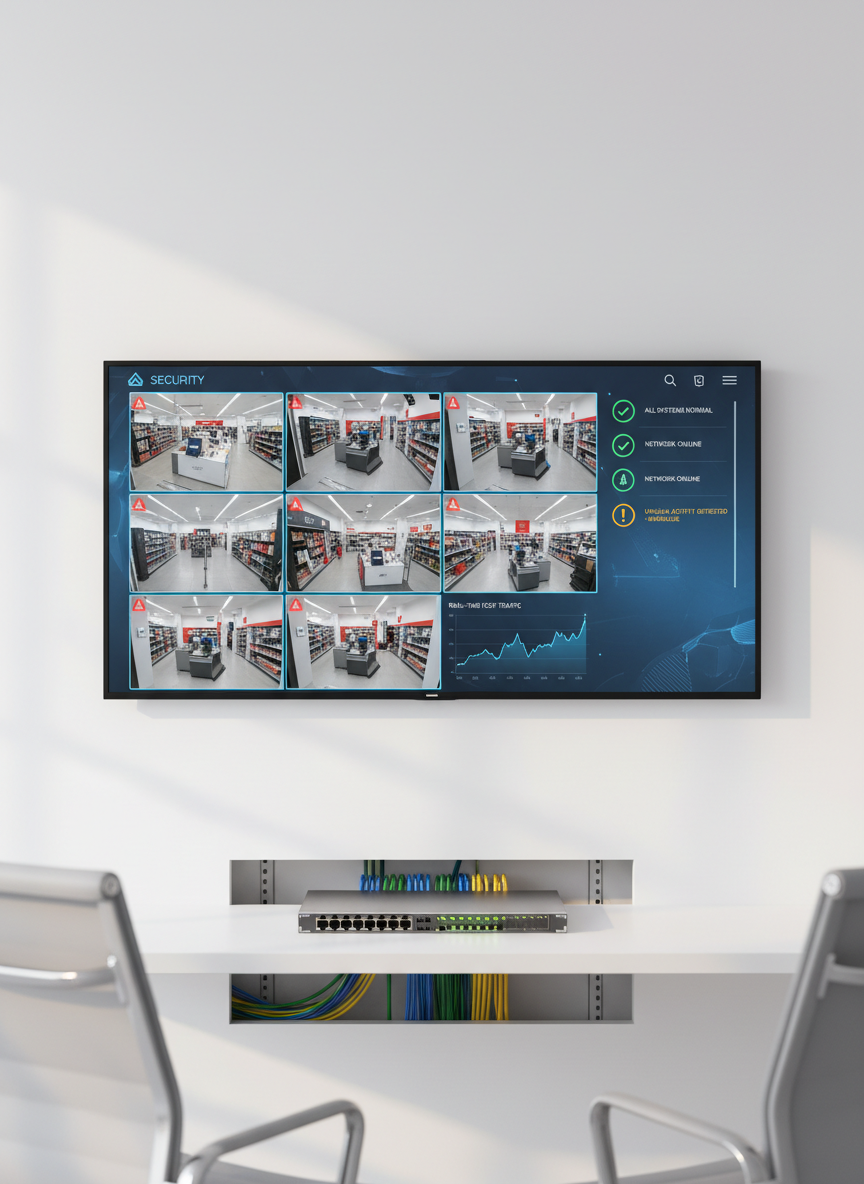 A large, modern flat-screen dashboard mounted on a clean white office wall, showing an elegant security monitoring interface with live video tiles, motion alert icons, and real-time status indicators. A minimalist white desk beneath holds a slim, silver network device with organized ethernet cables leading to a concealed rack. Soft, diffused daylight from an unseen window bathes the scene, creating gentle highlights on the screen edges and a calm, balanced shadow under the desk. Photographic realism, framed in a centered composition with moderate depth of field for clarity of the interface elements. The mood is orderly and analytical, emphasizing real-time alerts and centralized control for retail security operations.