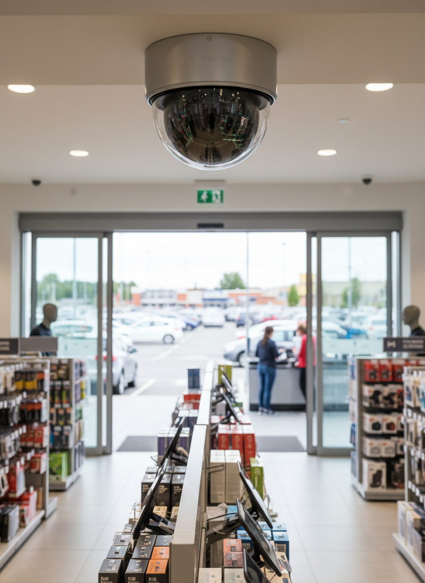 A compact, high-resolution dome camera encased in clear tempered glass, mounted above a retail store entrance with automatic sliding glass doors. Outside, a well-lit parking lot is visible in soft blur, while inside, clearly defined product displays and checkout stations line the space. Bright, neutral-white lighting washes the scene, casting soft, consistent shadows and highlighting the camera’s polished surfaces and discreet design. Photographic realism, captured from a low-angle perspective emphasizing the camera as the central subject while maintaining context of the monitored environment. The mood is reassuring and professional, suggesting subtle yet comprehensive security monitoring from the moment someone approaches the store.